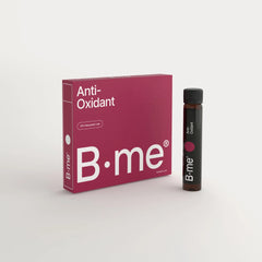 B.me Anti-Oxidant box with daily shot bottle, photographed on a light background