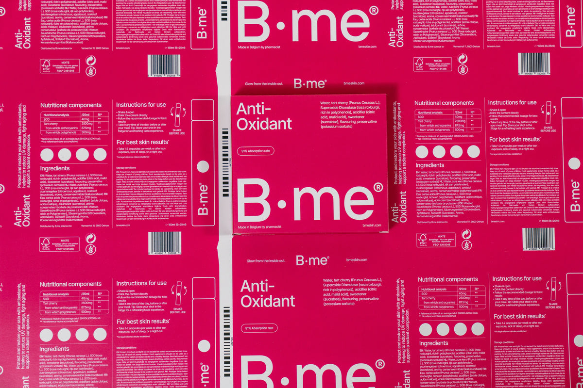 B.me antioxidant box displayed with FSC-certified printed material