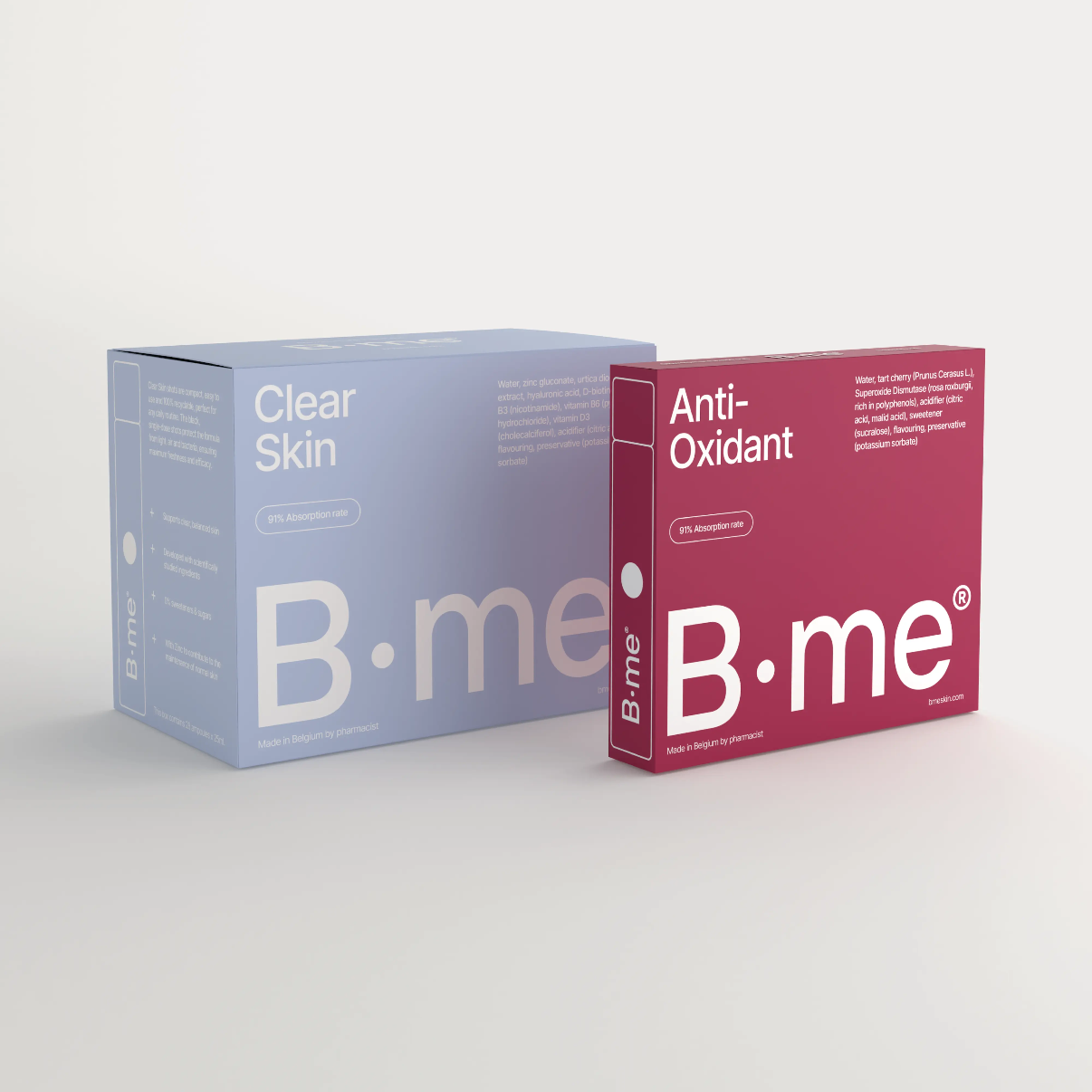 B.me Skin Balance Bundle with Clear Skin and Anti-Oxidant shots. Supports a clear, balanced complexion and protects against oxidative stress. Formulated with zinc, nettle extract, SOD, tart cherry, and B-vitamins. 0% added sugars or sweeteners, 91% absorption.