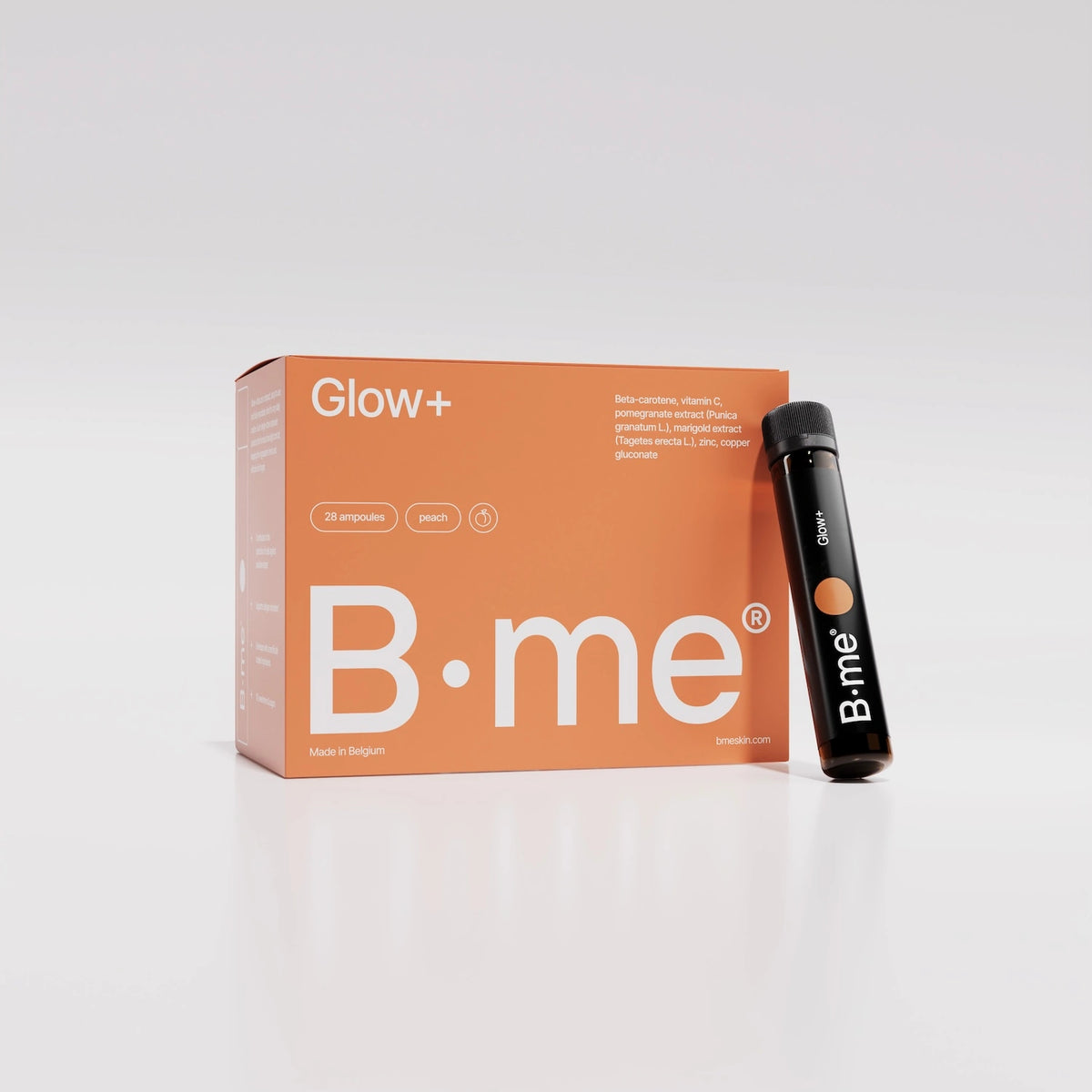B·me Glow+ shots: doos met drinkshots die een egale, zon-geïnspireerde huidteint ondersteunen