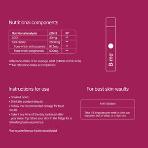 B.me Antioxidant shot ingredient list with instructions for use and reference intake values