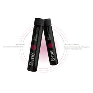 B.me Anti-Oxidant shot highlighted with SOD (40mg) and tart cherry (2500mg) — rich in antioxidant enzymes and polyphenols to help combat oxidative stress from within.