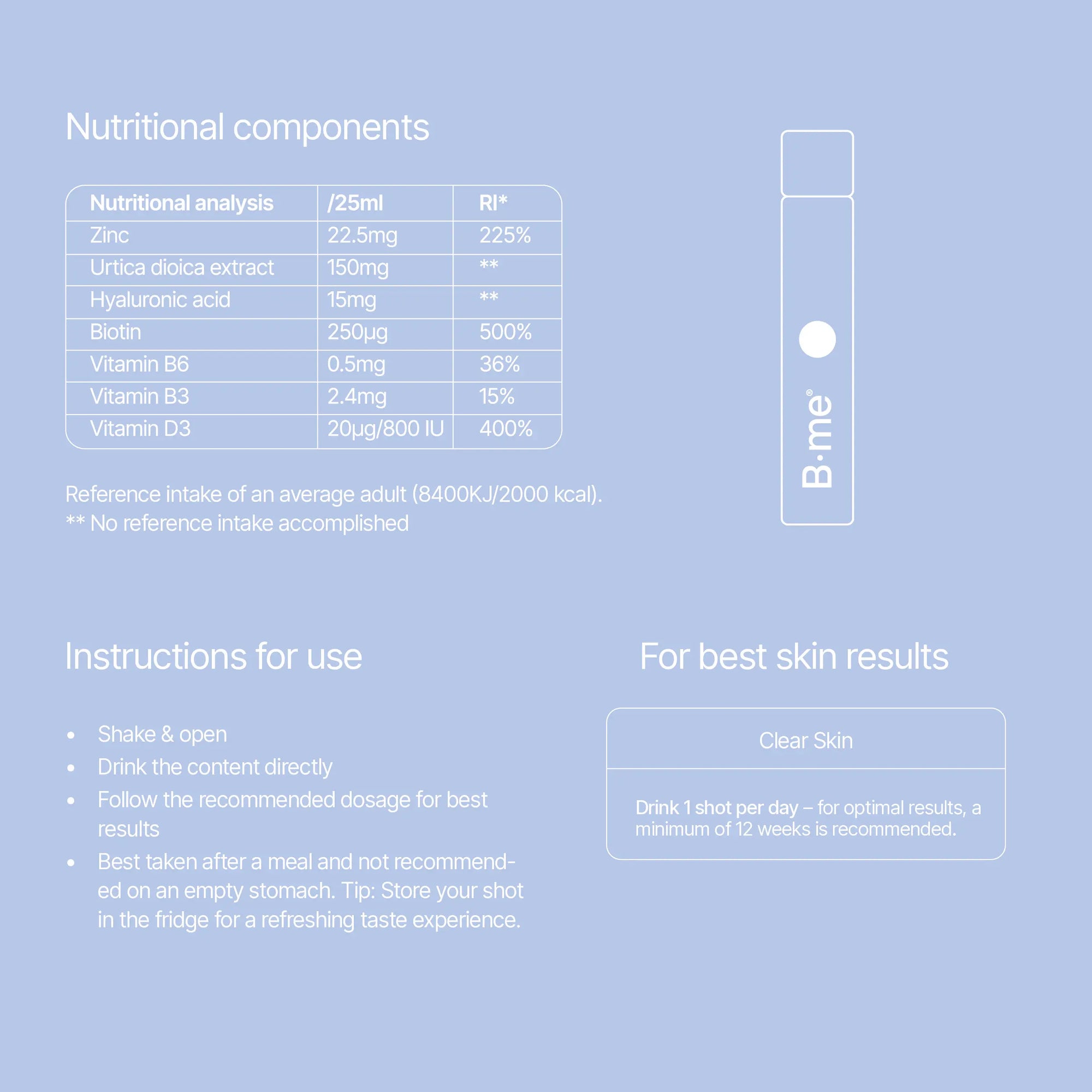 B.me Clear Skin shot ingredient list with instructions for use and reference intake value