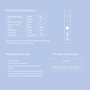 B.me Clear Skin shot ingredient list with instructions for use and reference intake value