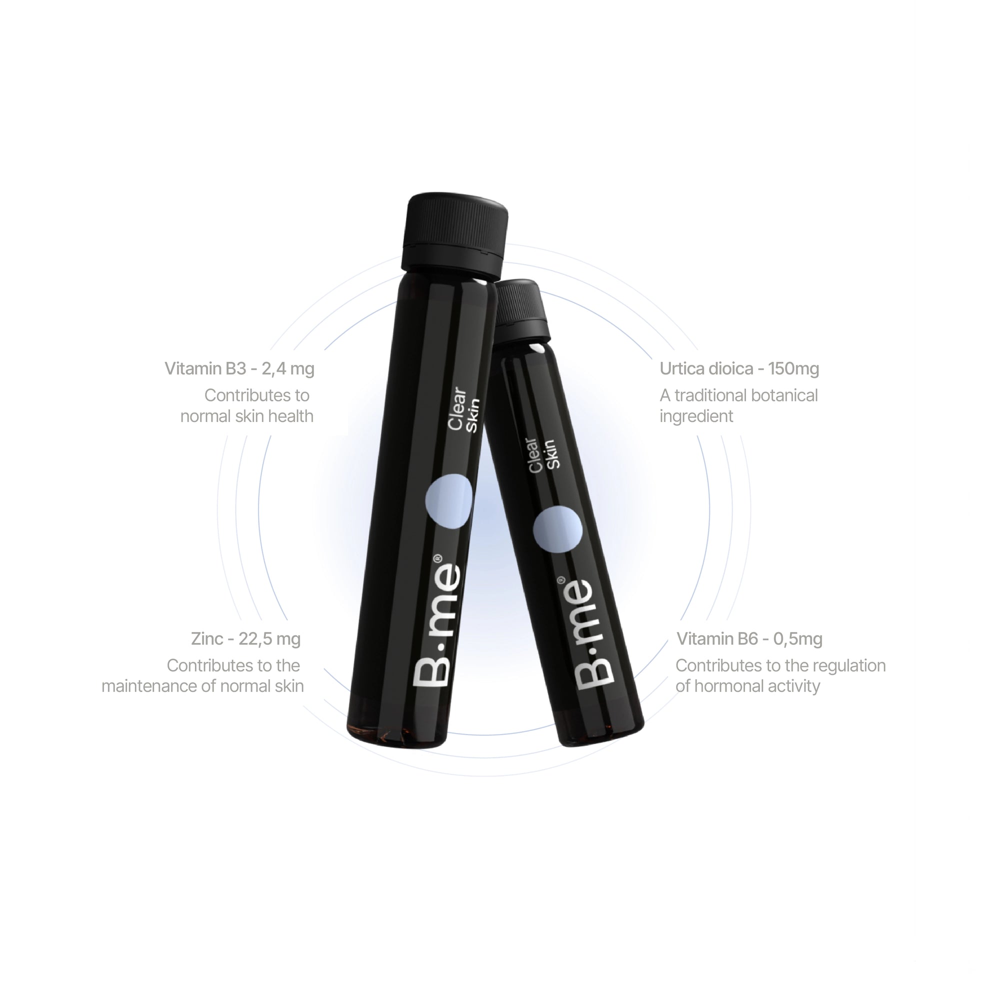 B.me Clear Skin shot formulated with zinc, vitamin B6, B3, and Urtica dioica to support hormonal balance, regulate sebum, and promote a clearer complexion.