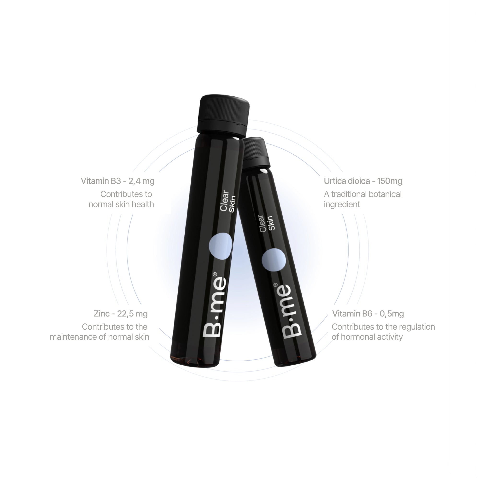 B.me Clear Skin shot formulated with zinc, vitamin B6, B3, and Urtica dioica to support hormonal balance, regulate sebum, and promote a clearer complexion.