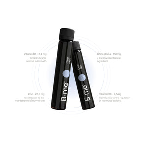 B.me Clear Skin shot formulated with zinc, vitamin B6, B3, and Urtica dioica to support hormonal balance, regulate sebum, and promote a clearer complexion.