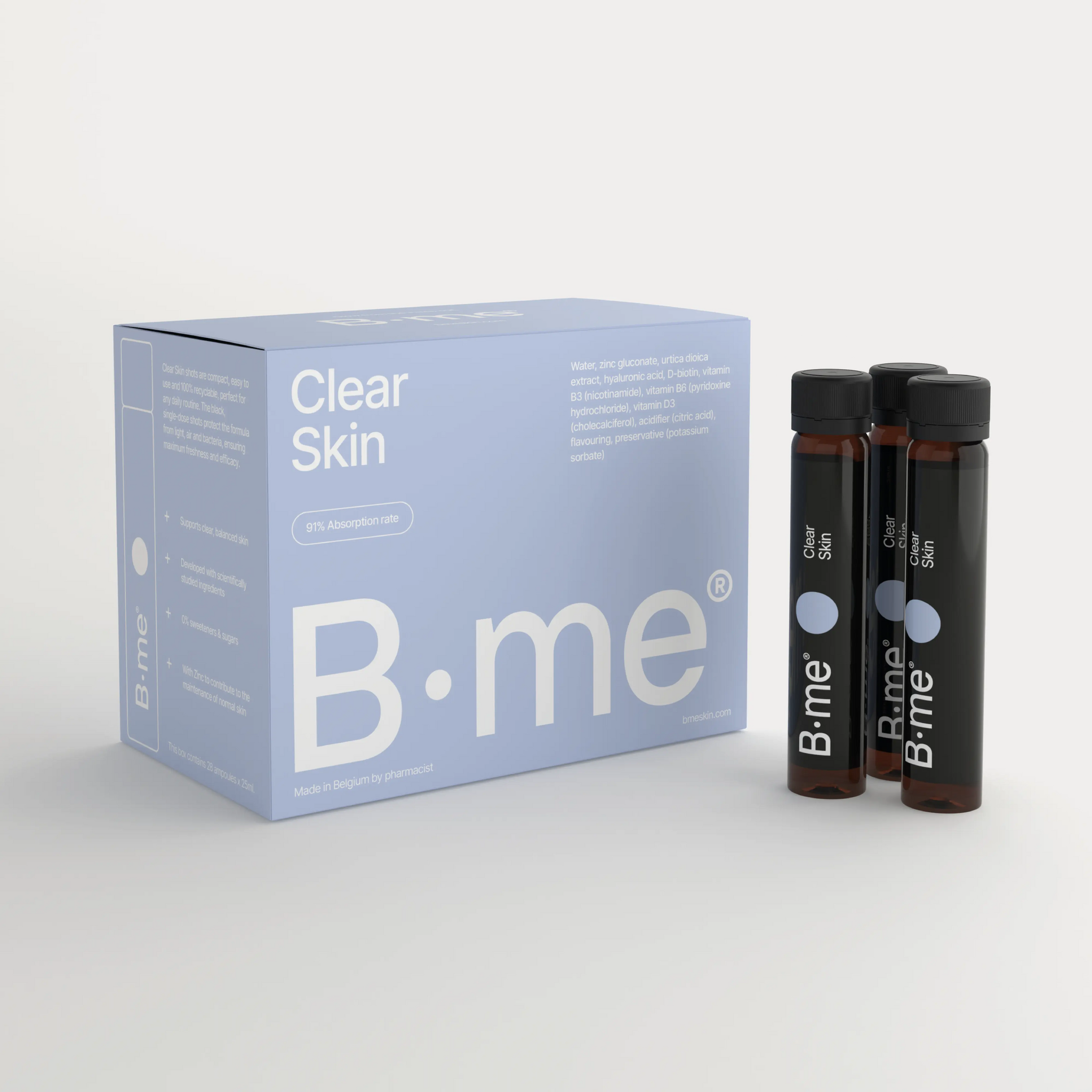 B.me Clear Skin is a natural acne supplement that supports a clear complexion, hormonal balance, and normal sebum production — without sugars or sweeteners.