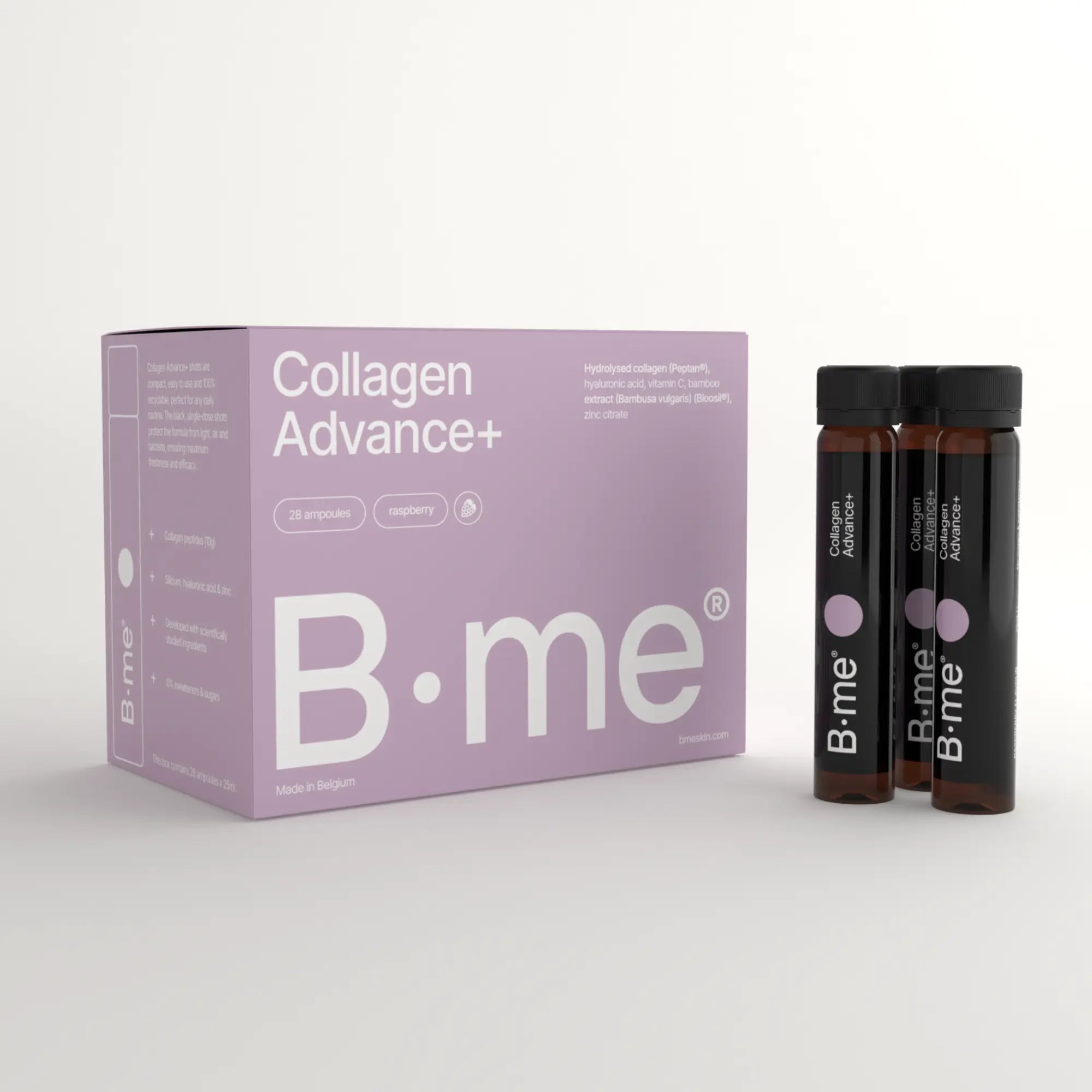 B.me Collagen Advance+ box with 28 shots for skin hydration and firmness