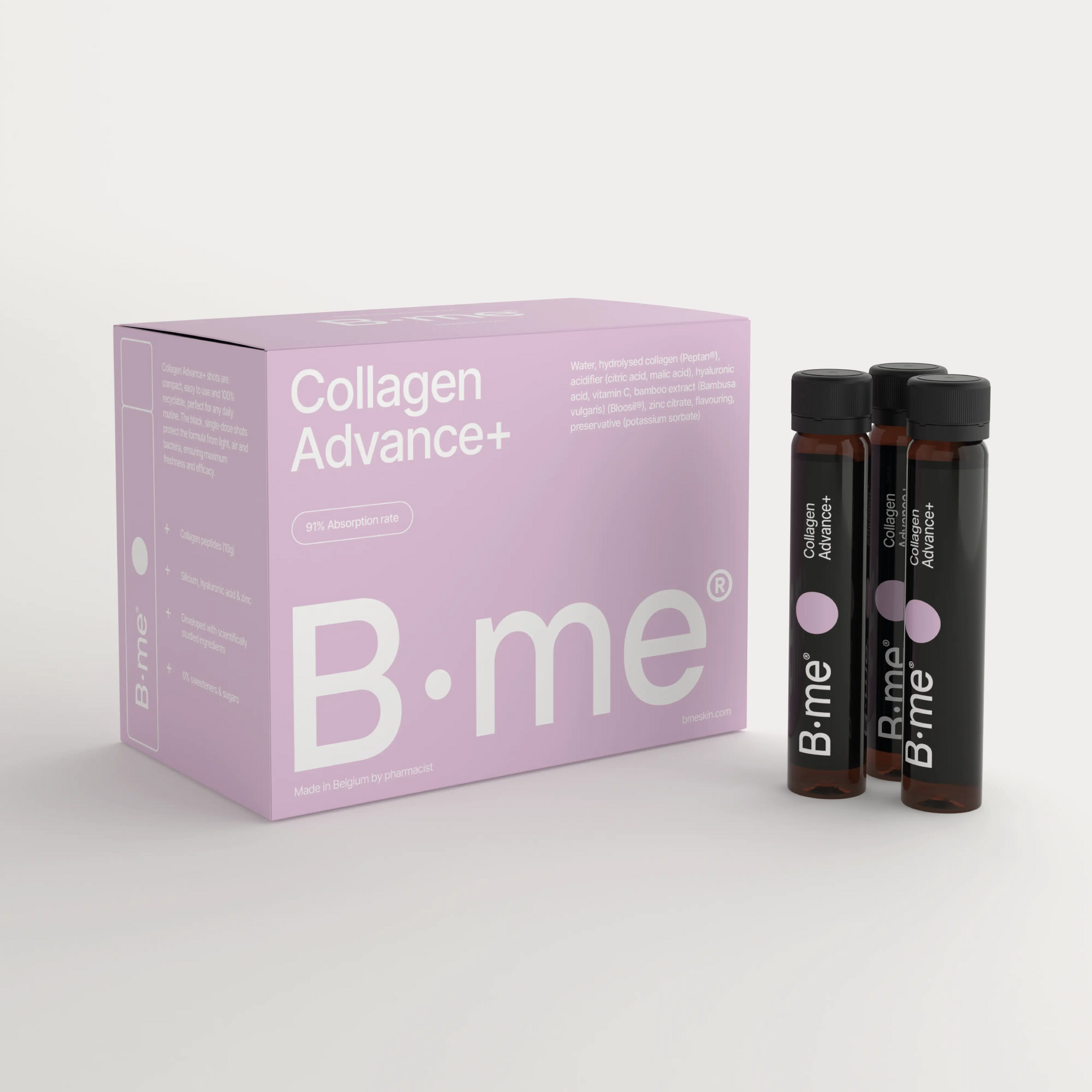 B.me Collagen Advance+ is a high-dose collagen shot with 10g peptides, hyaluronic acid, zinc, and vitamin C — formulated to support hydration, elasticity, and skin rejuvenation from within.