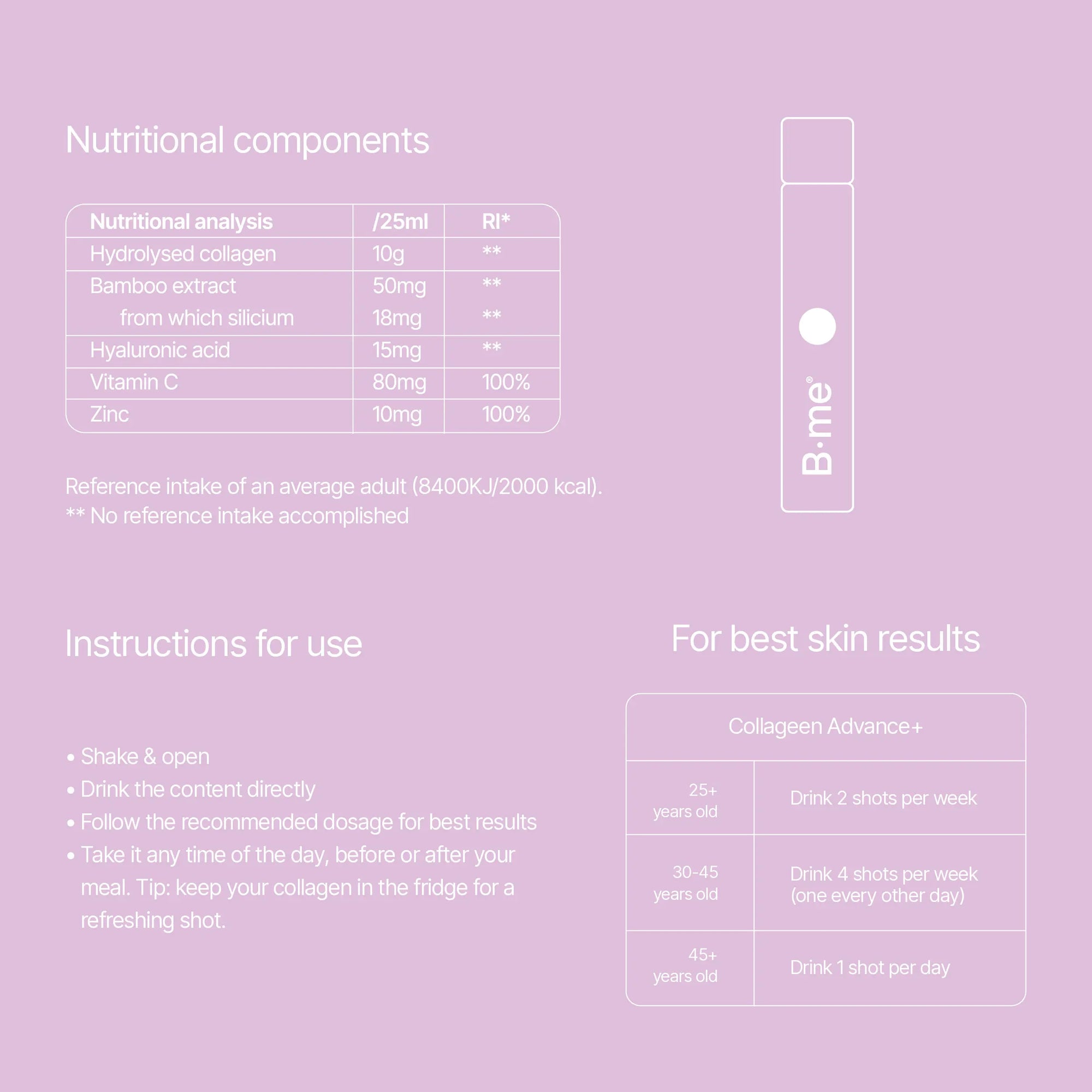 B.me Collagen Advance+ shot ingredient list with instructions for use and reference intake values”