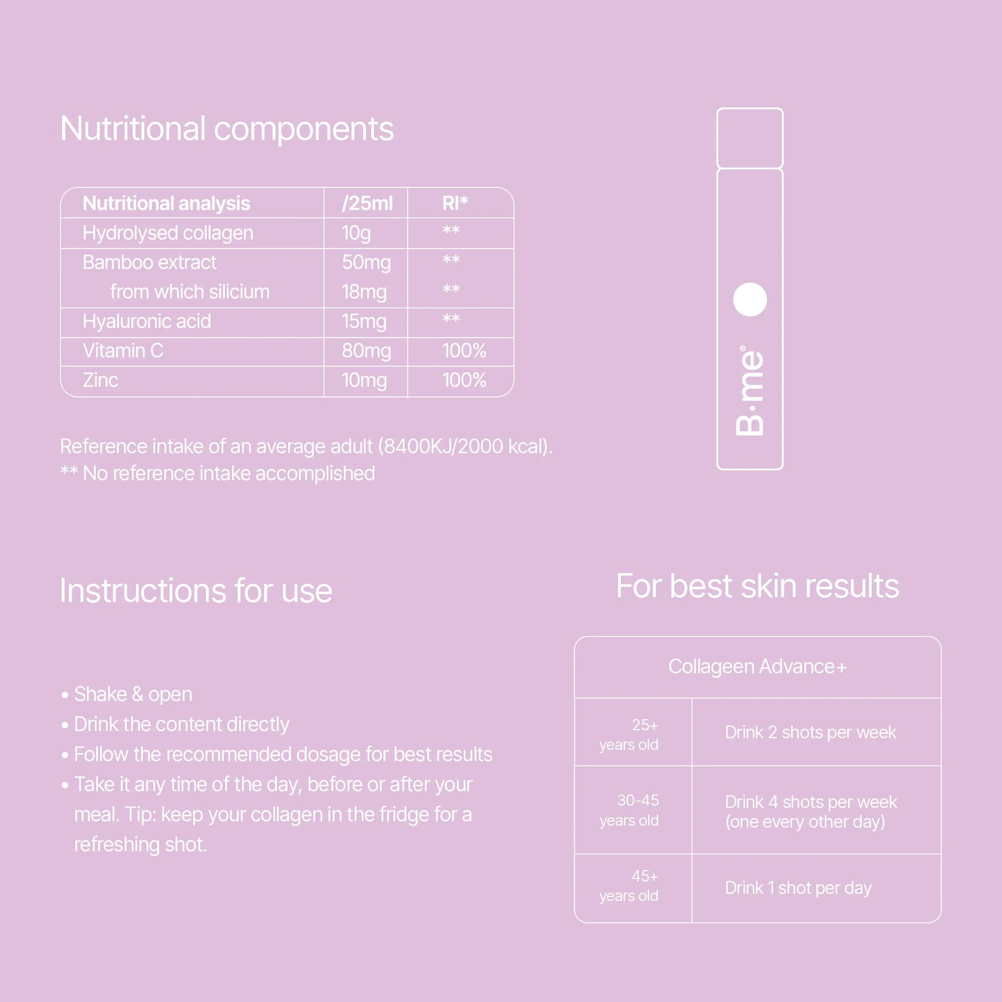 B.me Collagen Advance+ shot ingredient list with instructions for use and reference intake values”