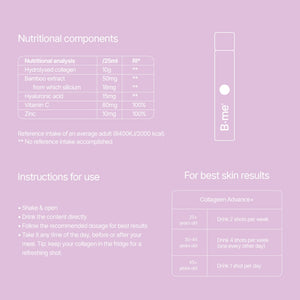 B.me Collagen Advance+ shot ingredient list with instructions for use and reference intake values”