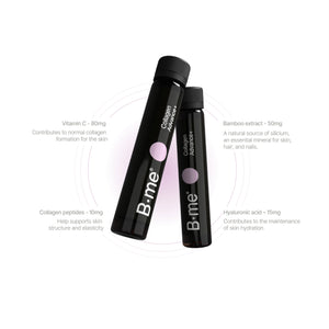 B.me Collagen Advance+ shot with 10g collagen peptides, 15mg hyaluronic acid, 80mg vitamin C, and bamboo extract for skin hydration, firmness, and elasticity.