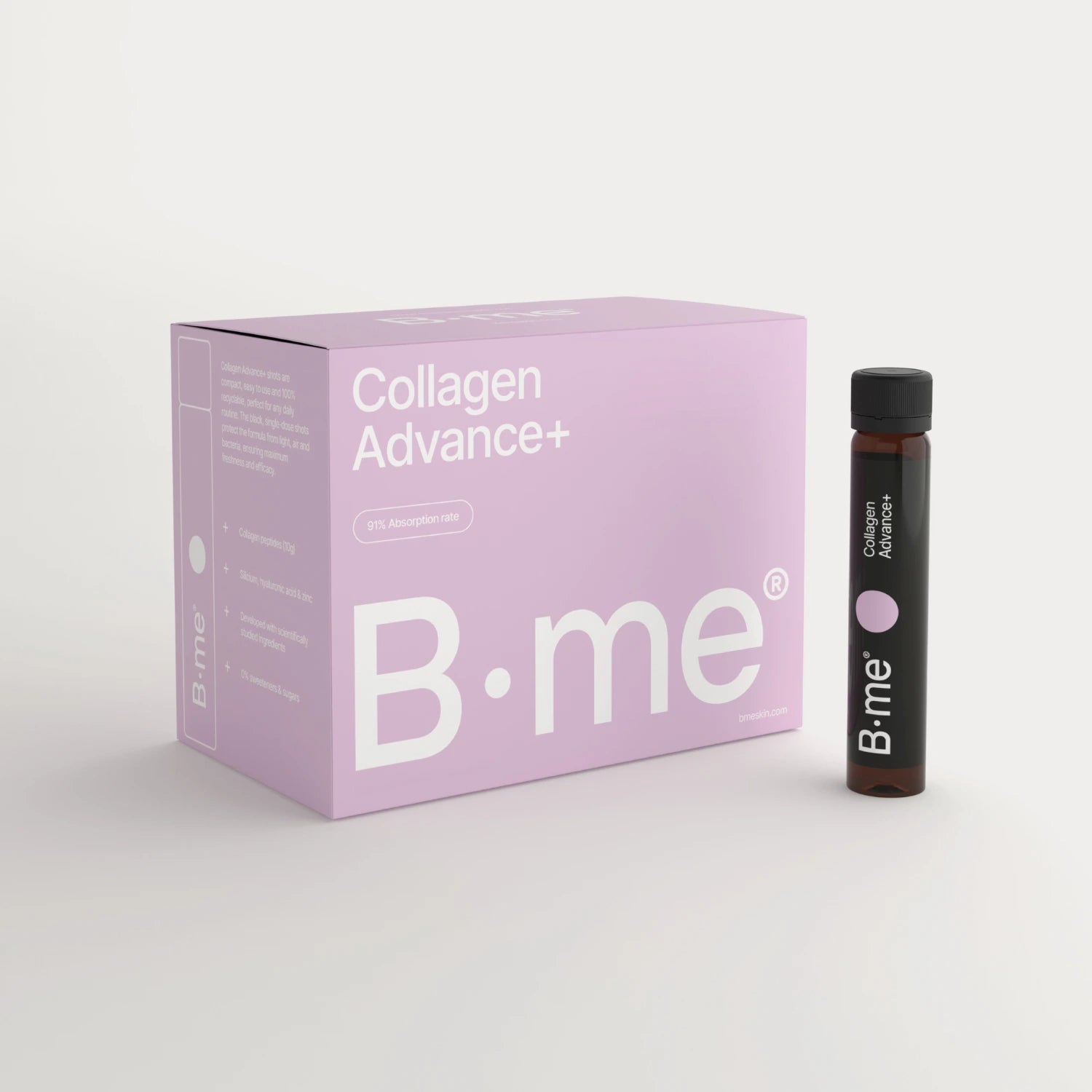 B.me Collagen Advance+ box with daily shot bottle, photographed on a light background.