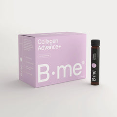 B.me Collagen Advance+ box with daily shot bottle, photographed on a light background.