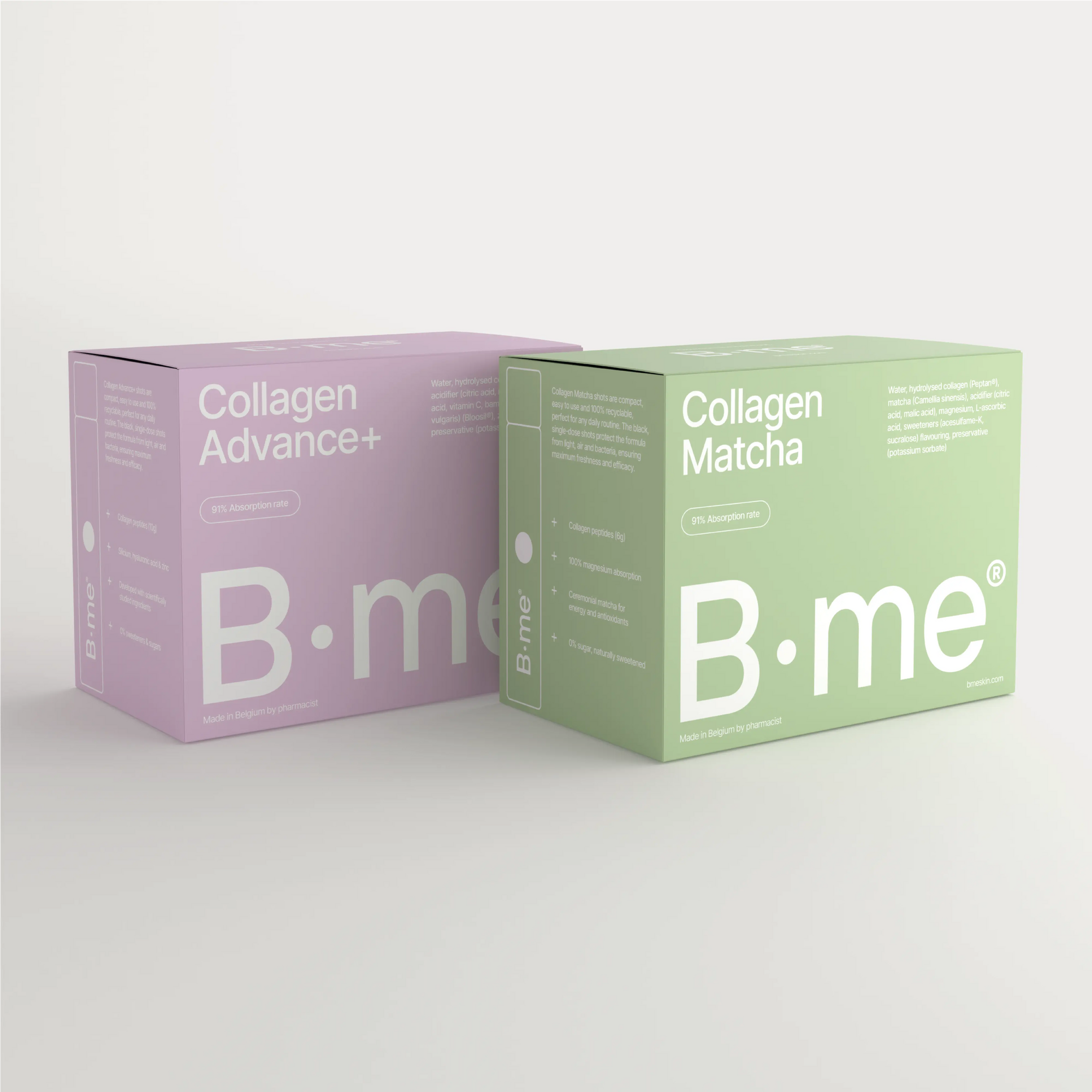 B.me Collagen Bundle featuring Advance+ and Matcha shots. This duo supports skin hydration, elasticity, glow, and natural energy — powered by collagen peptides, matcha, hyaluronic acid, and magnesium. 0% added sugars or sweeteners, 91% absorption.