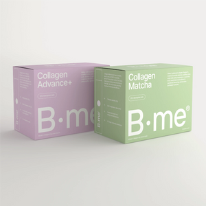 B.me Collagen Bundle featuring Advance+ and Matcha shots. This duo supports skin hydration, elasticity, glow, and natural energy — powered by collagen peptides, matcha, hyaluronic acid, and magnesium. 0% added sugars or sweeteners, 91% absorption.