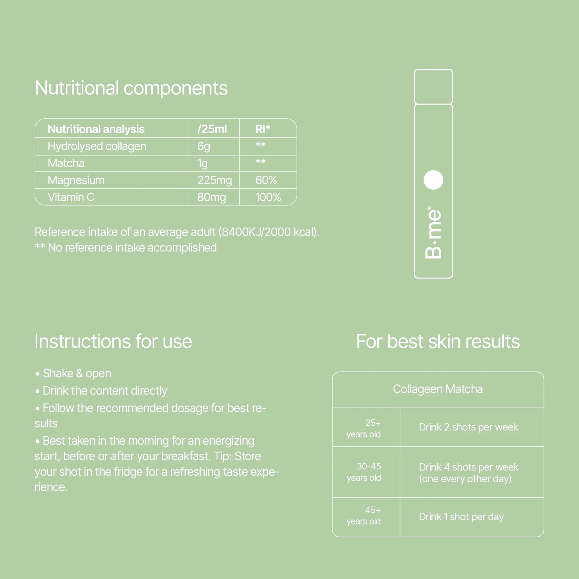 B.me Collagen Matcha shot ingredient list with instructions for use and reference intake values