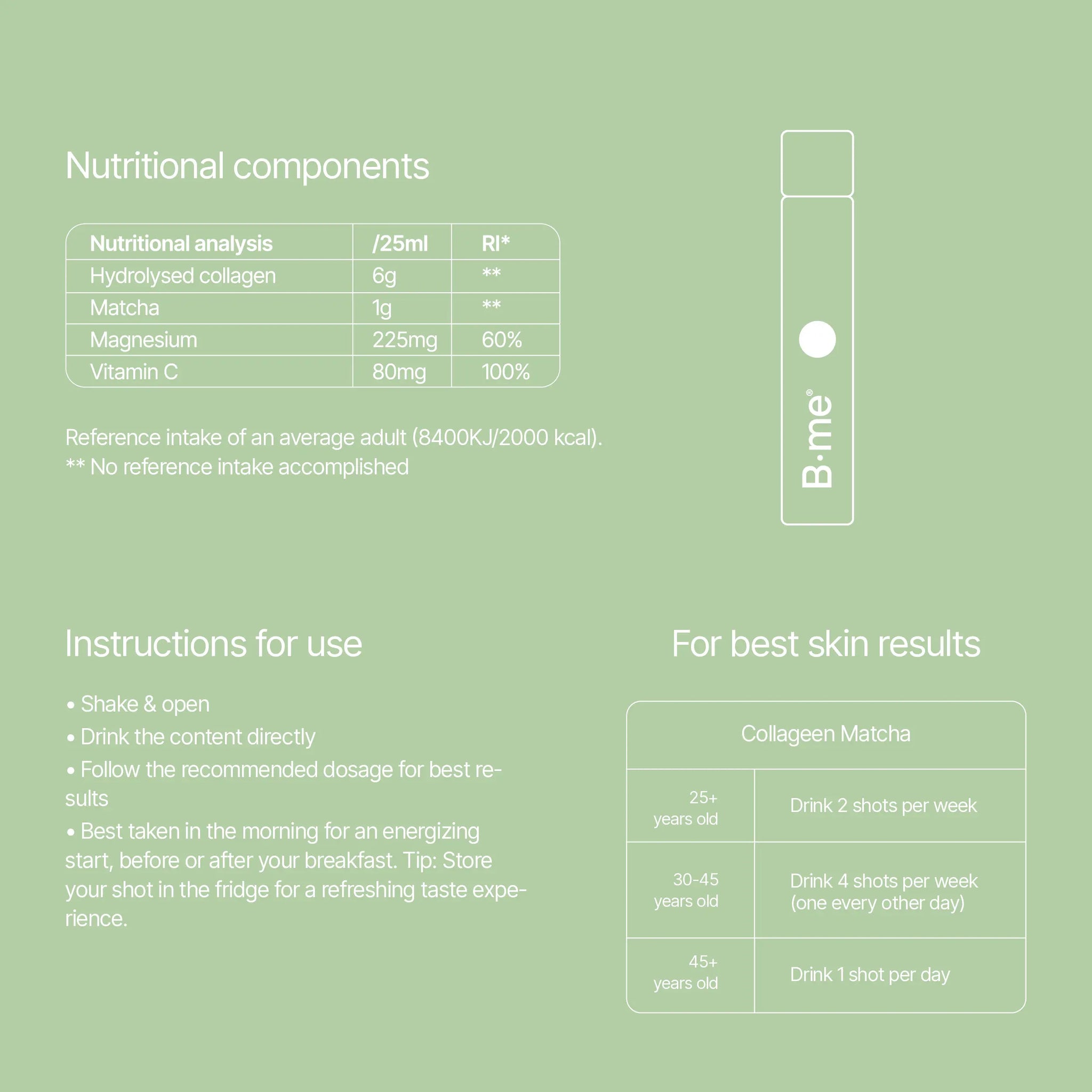 B.me Collagen Matcha shot ingredient list with instructions for use and reference intake values