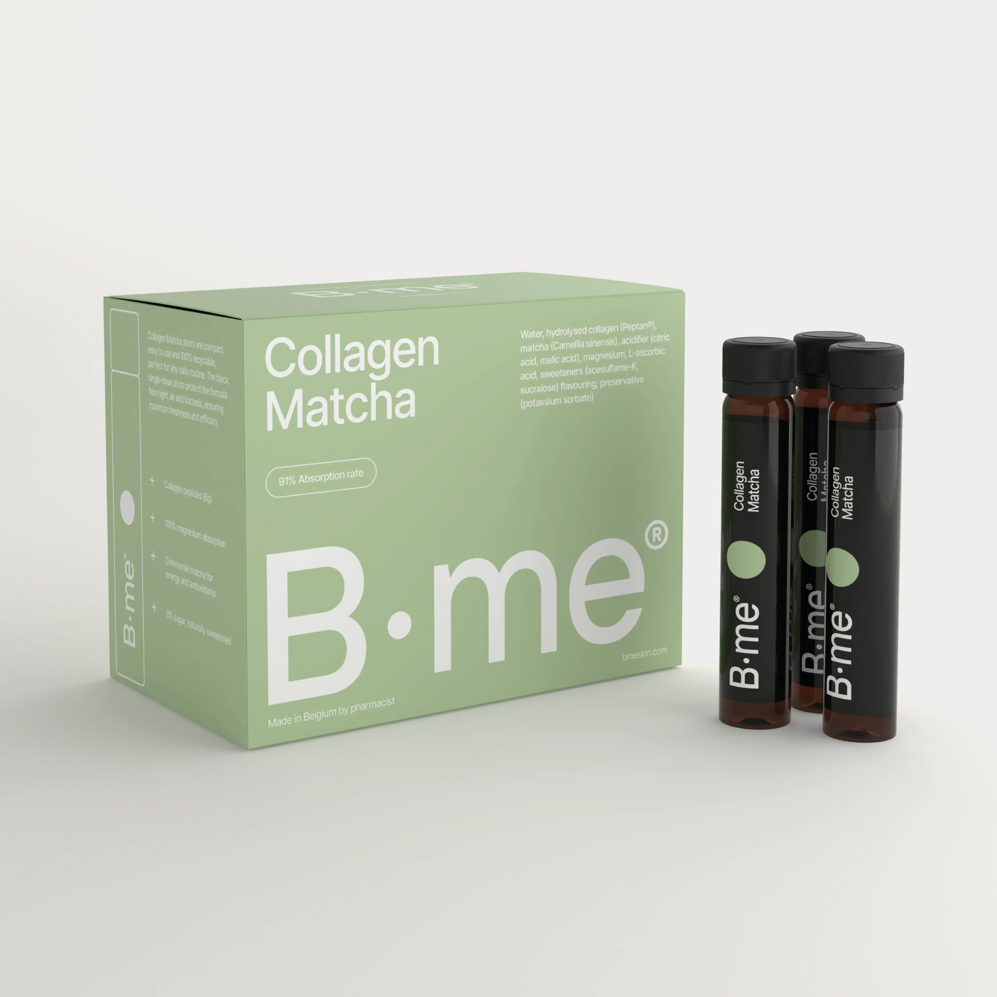 B.me Collagen Matcha combines collagen peptides, ceremonial matcha, and magnesium to support skin health and natural energy, with 91% absorption and no added sugars or sweeteners.