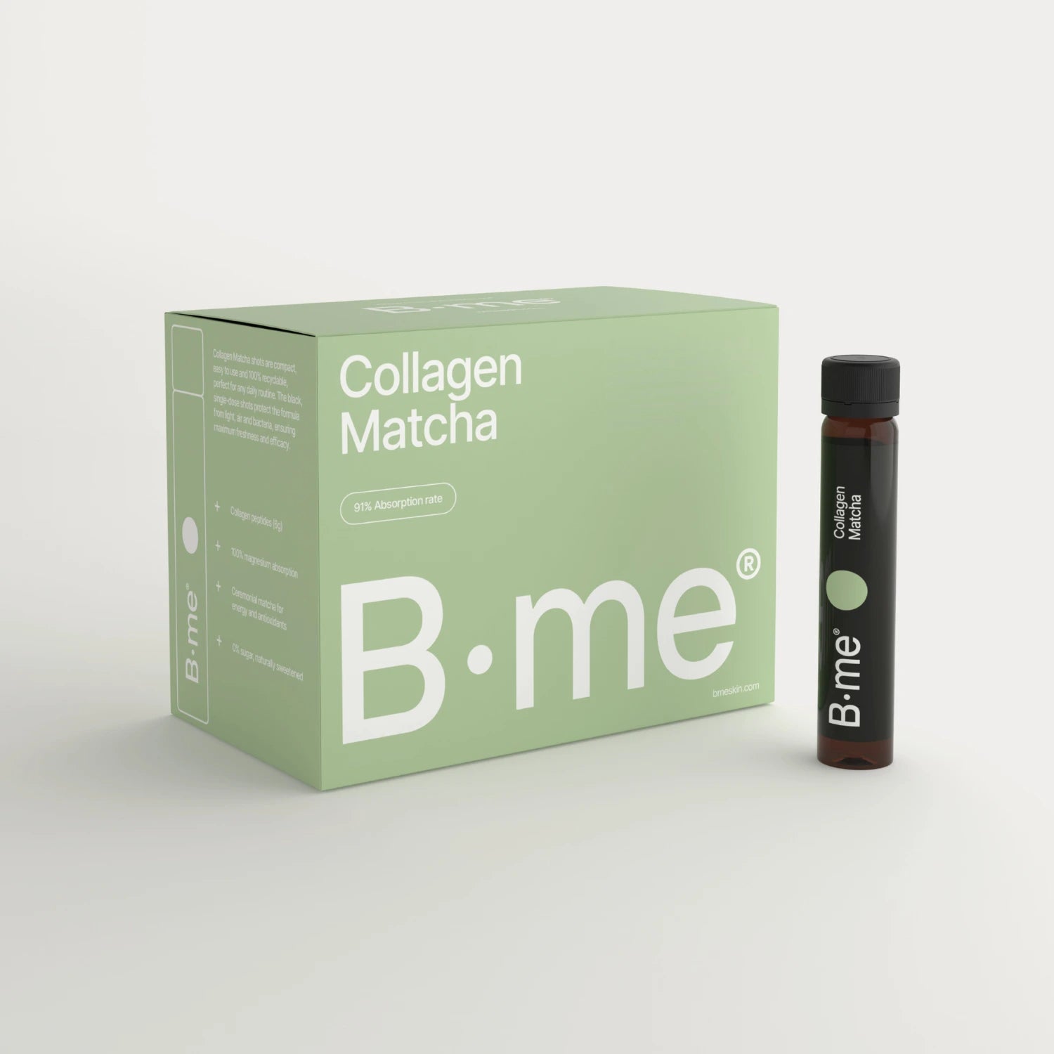B.me Collagen Matcha box with daily shot bottle, photographed on a light background