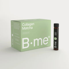 B.me Collagen Matcha box with daily shot bottle, photographed on a light background