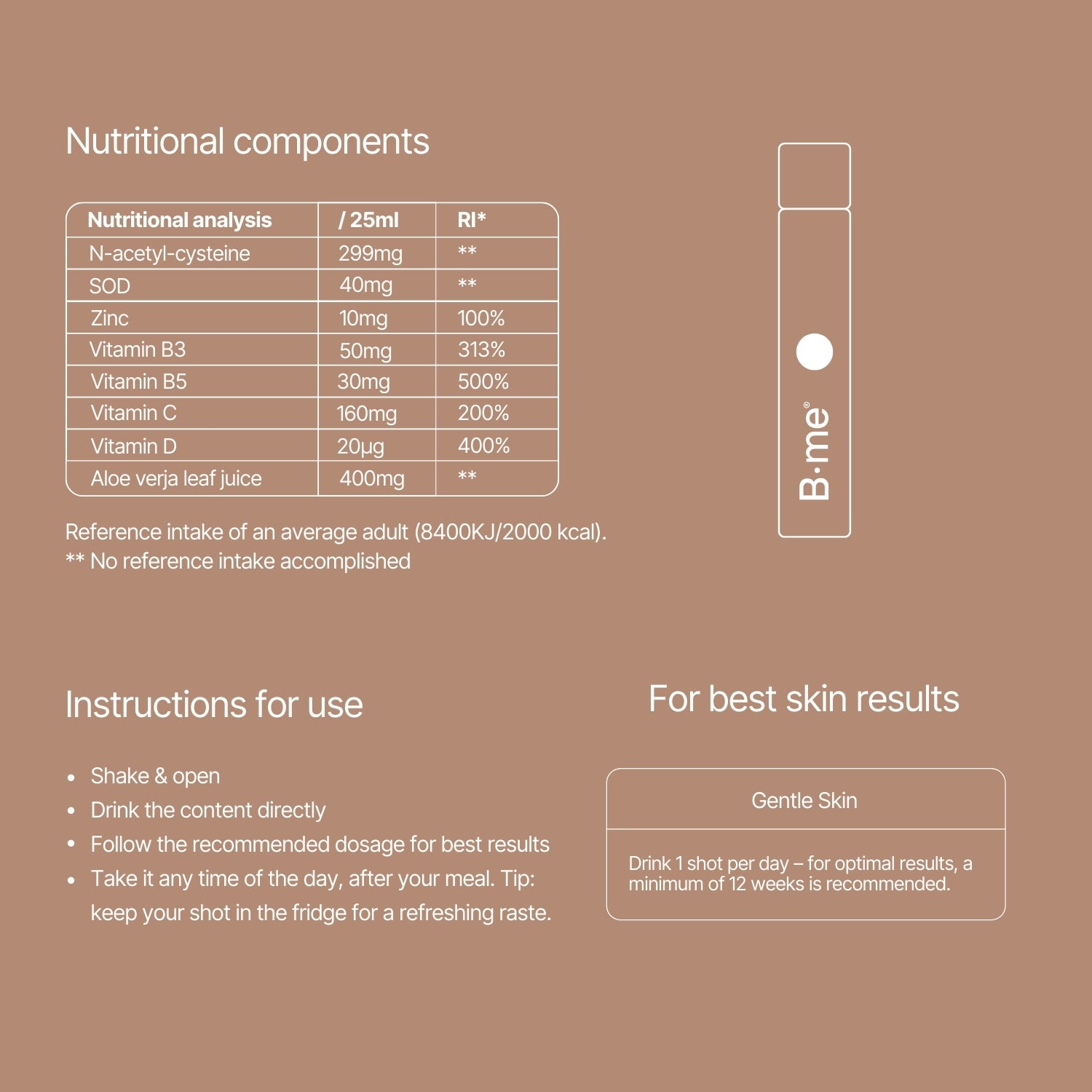 Nutritional components of B.me Gentle Skin shot with NAC zinc vitamins C D and aloe vera per 25ml