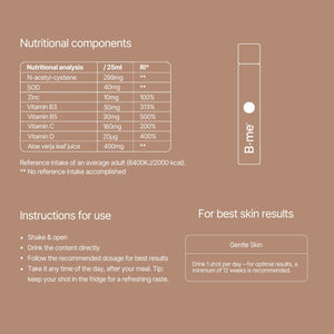 Nutritional components of B.me Gentle Skin shot with NAC zinc vitamins C D and aloe vera per 25ml
