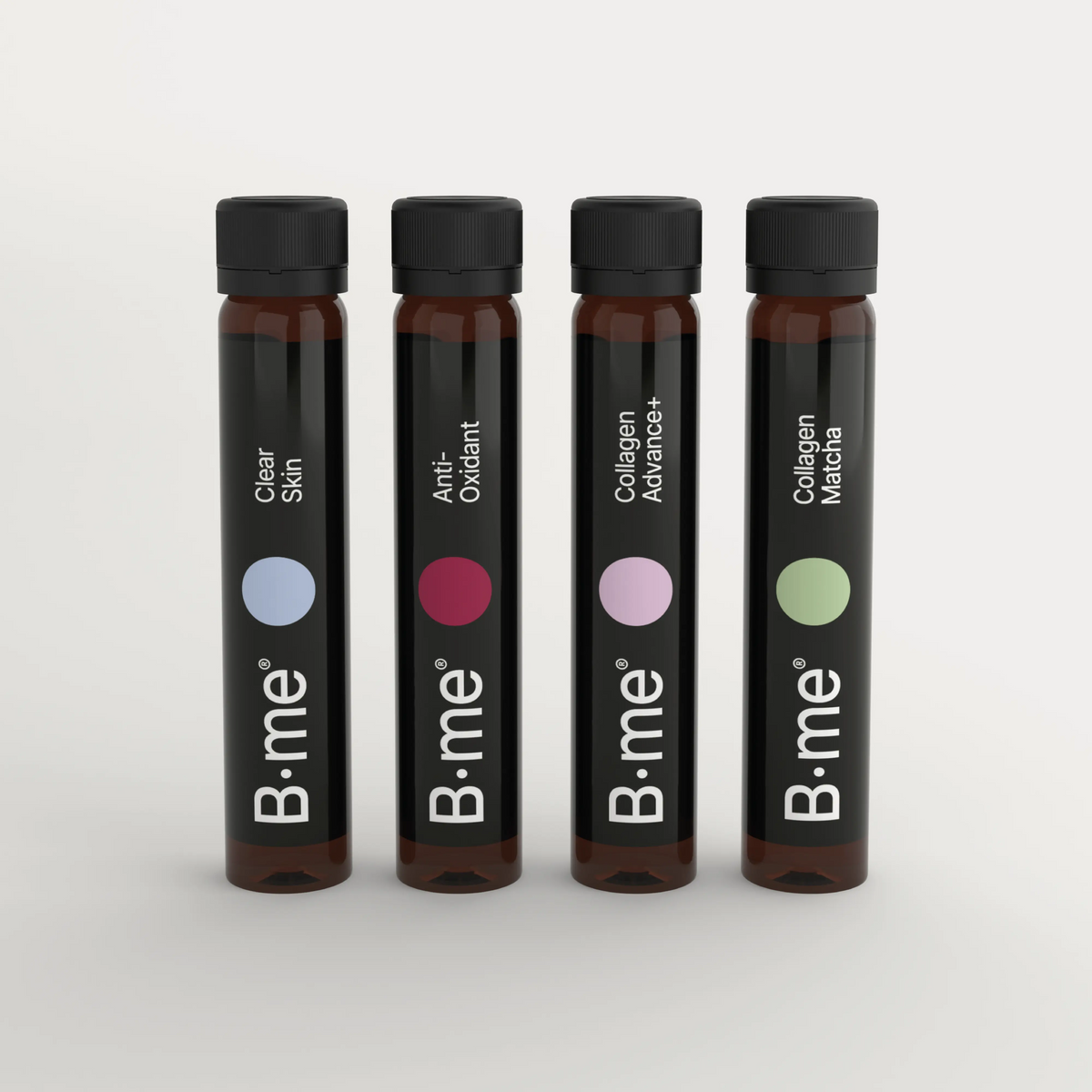 All four B.me liquid supplement ampoules displayed side by side: Clear Skin, Anti-Oxidant, Collagen Advance+, and Collagen Matcha. Scientifically formulated for skin health, hydration, and cellular protection — with 0% added sugars or sweeteners.